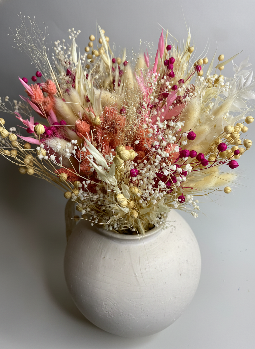 Pembe Krem Kuru Çiçek Buketi 45x35 cm Şoklanmış Doğal Aranjman - Bohem Rustik Ev Dekoru