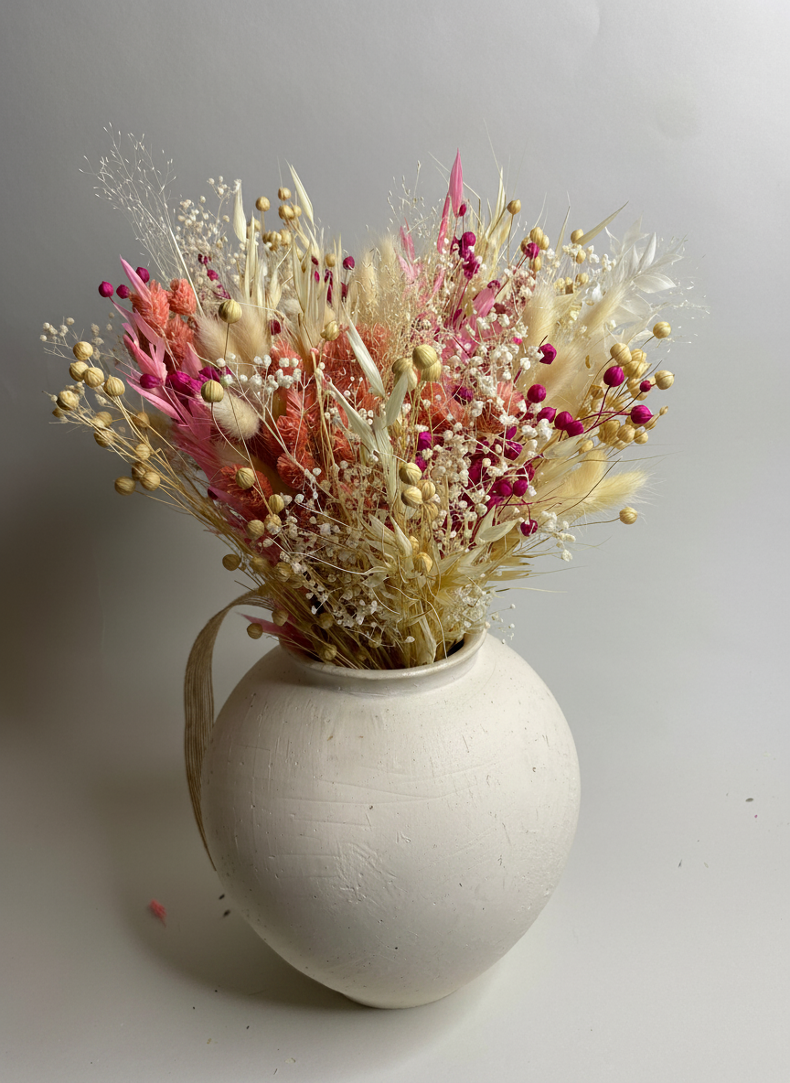 Pembe Krem Kuru Çiçek Buketi 45x35 cm Şoklanmış Doğal Aranjman - Bohem Rustik Ev Dekoru