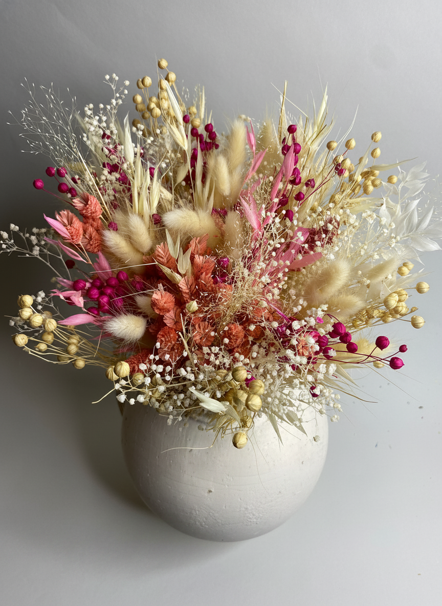 Pembe Krem Kuru Çiçek Buketi 45x35 cm Şoklanmış Doğal Aranjman - Bohem Rustik Ev Dekoru
